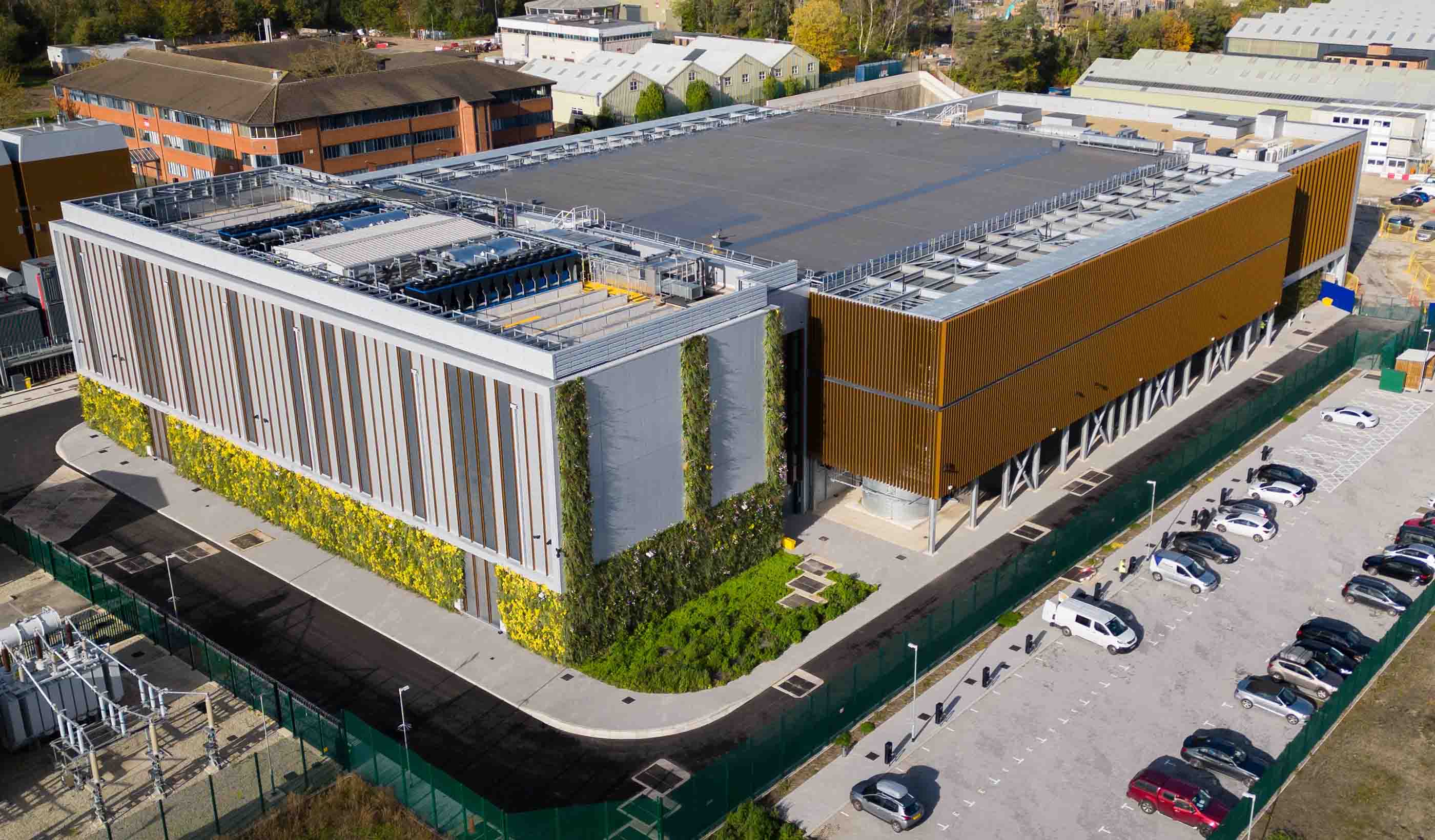 Aerial view of building and parking