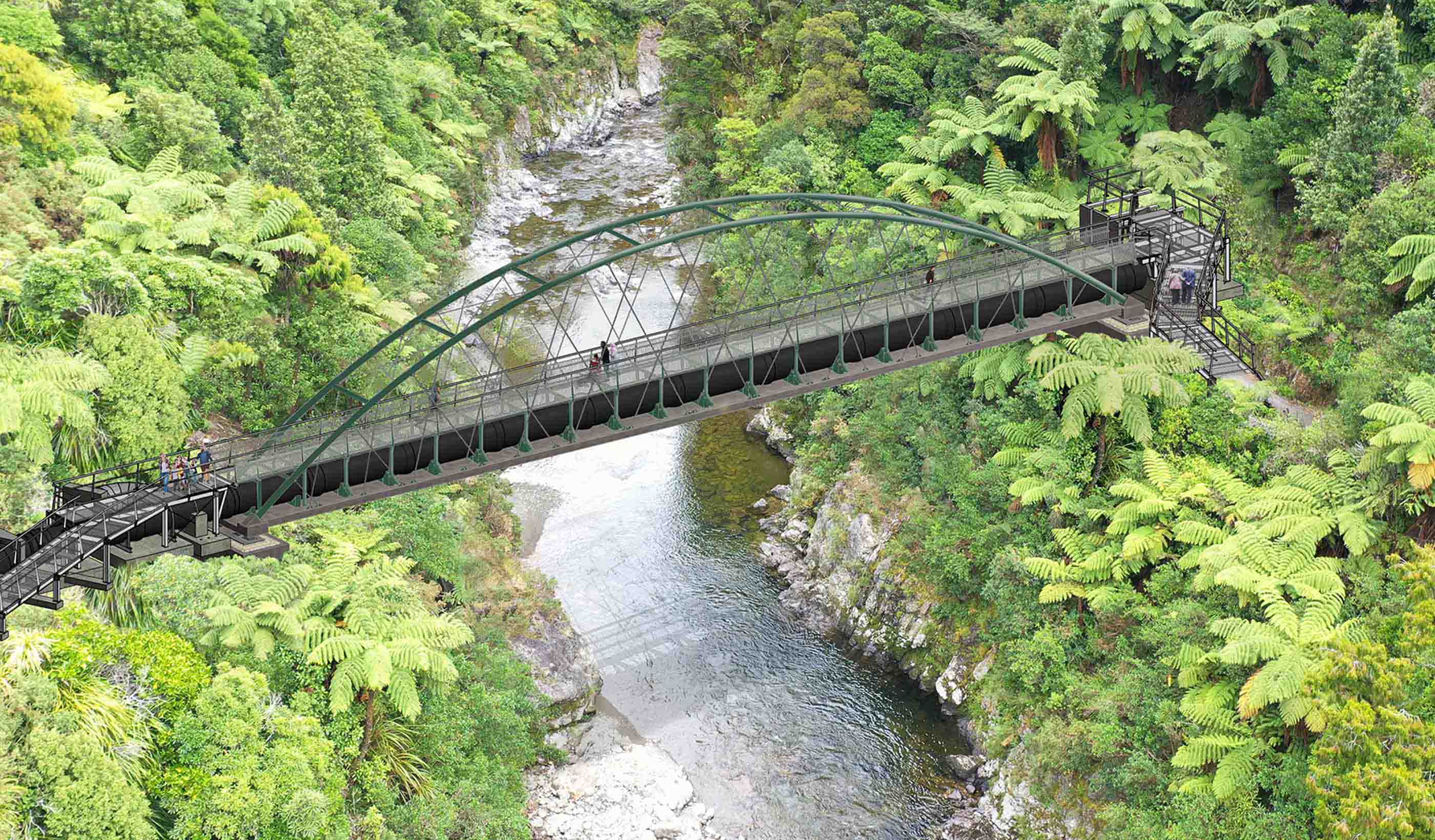 Rendering of people on a walking bridge over a river